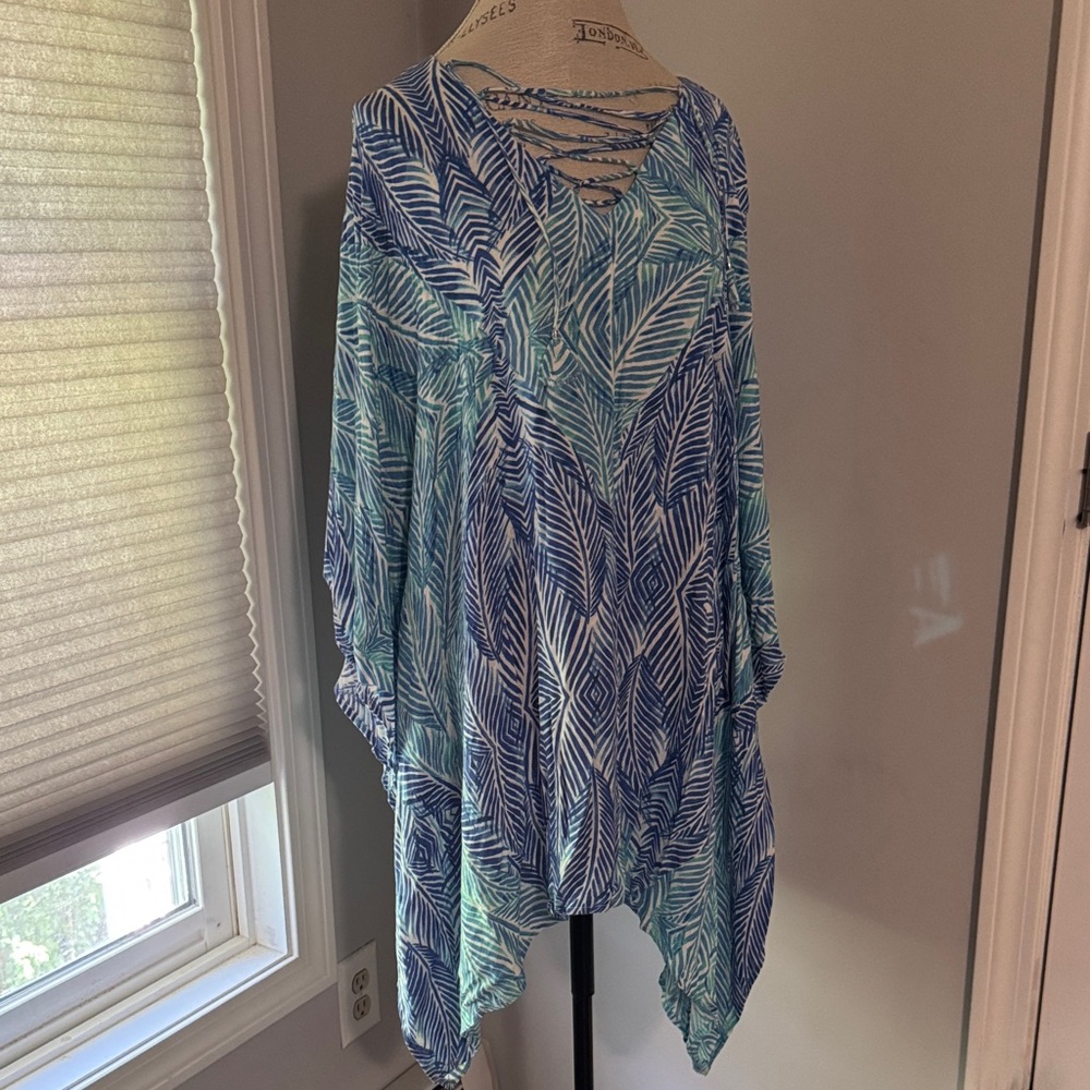 Lovestitch Cover Up Blue and Turquoise Feather Print V Neck Laced Up Adjustable